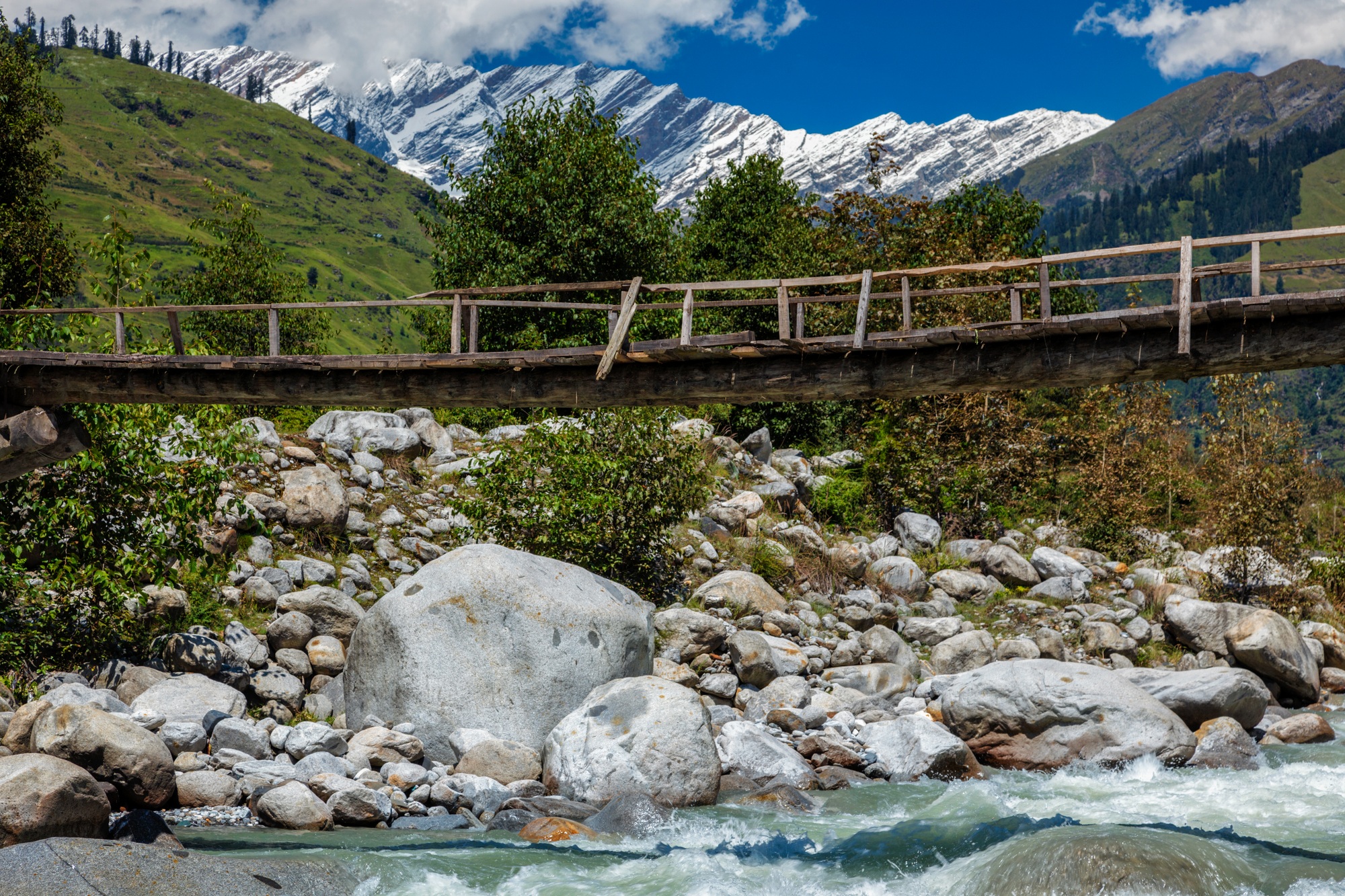 Bridge over Beas River, near Manali. Kullu Valley, Himachal Pradesh, India