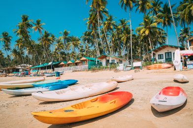Canacona, Goa, India. Canoe Kayak For Rent Parked On Famous Palolem Beach On Background Tall Palm